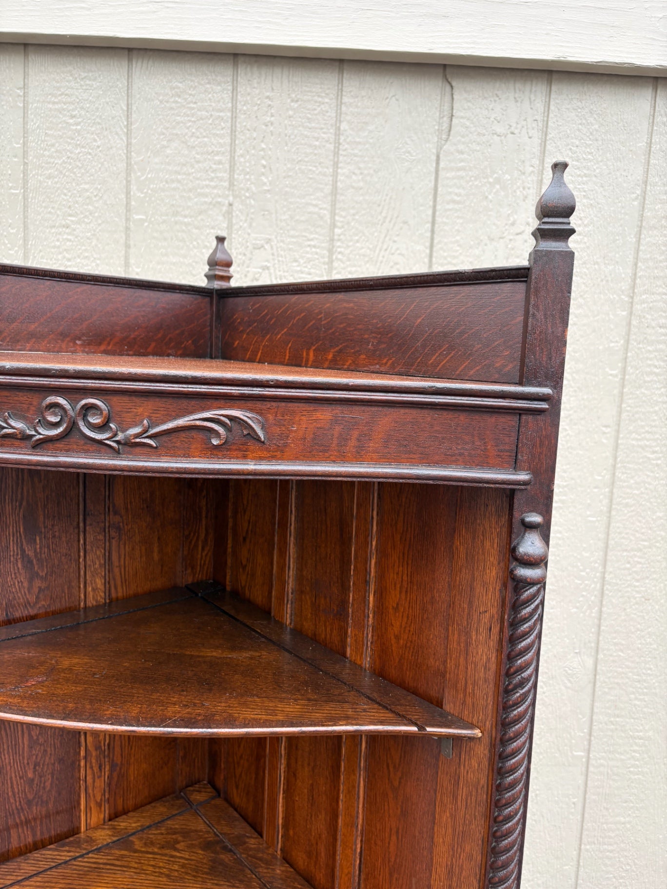67661 Victorian Oak Corner Curio Cabinet  with Carved Details and Turned Finials
