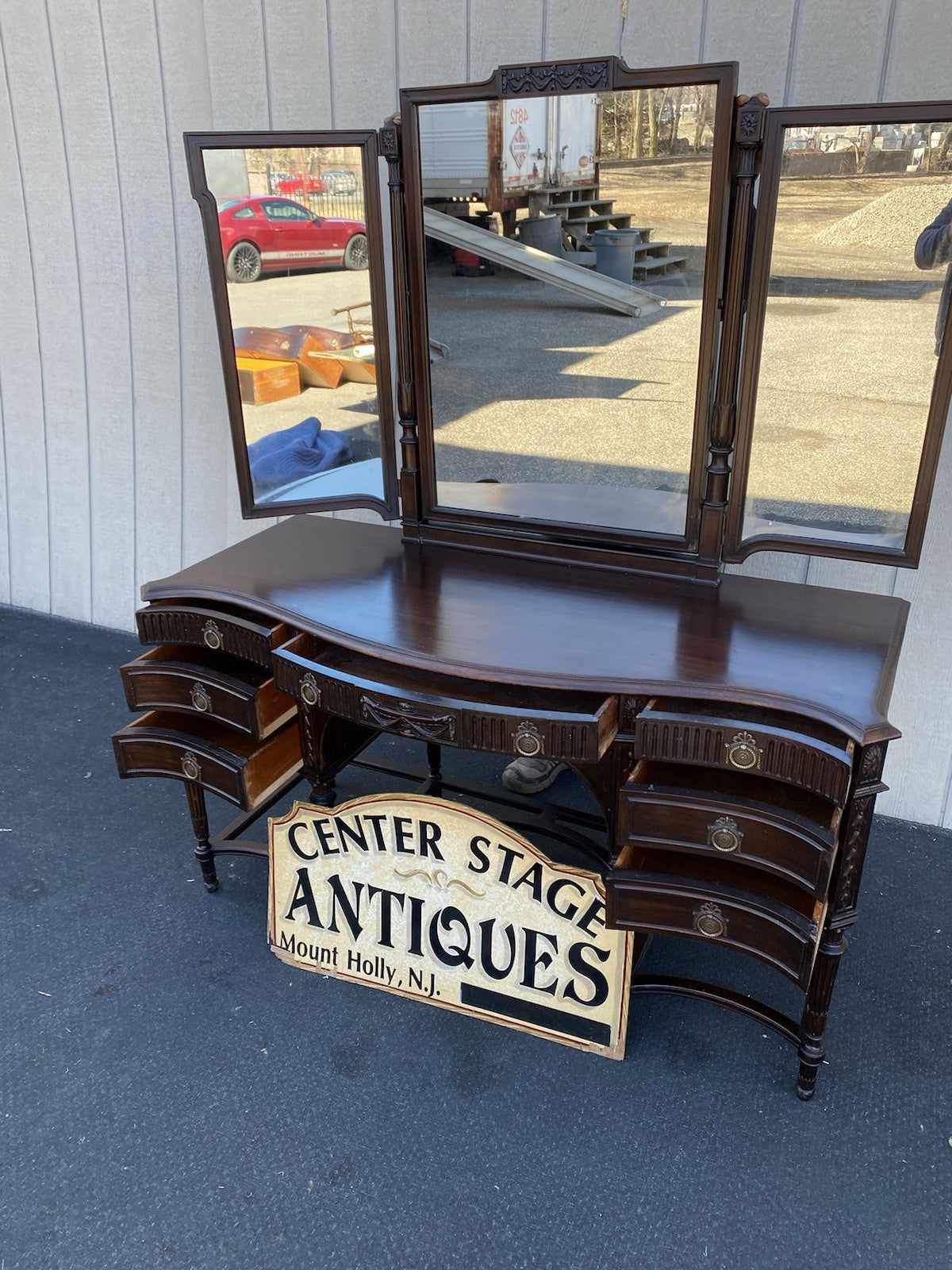66340 Antique Mahogany Vanity Desk with Tri - Fold Mirror RARE FIND