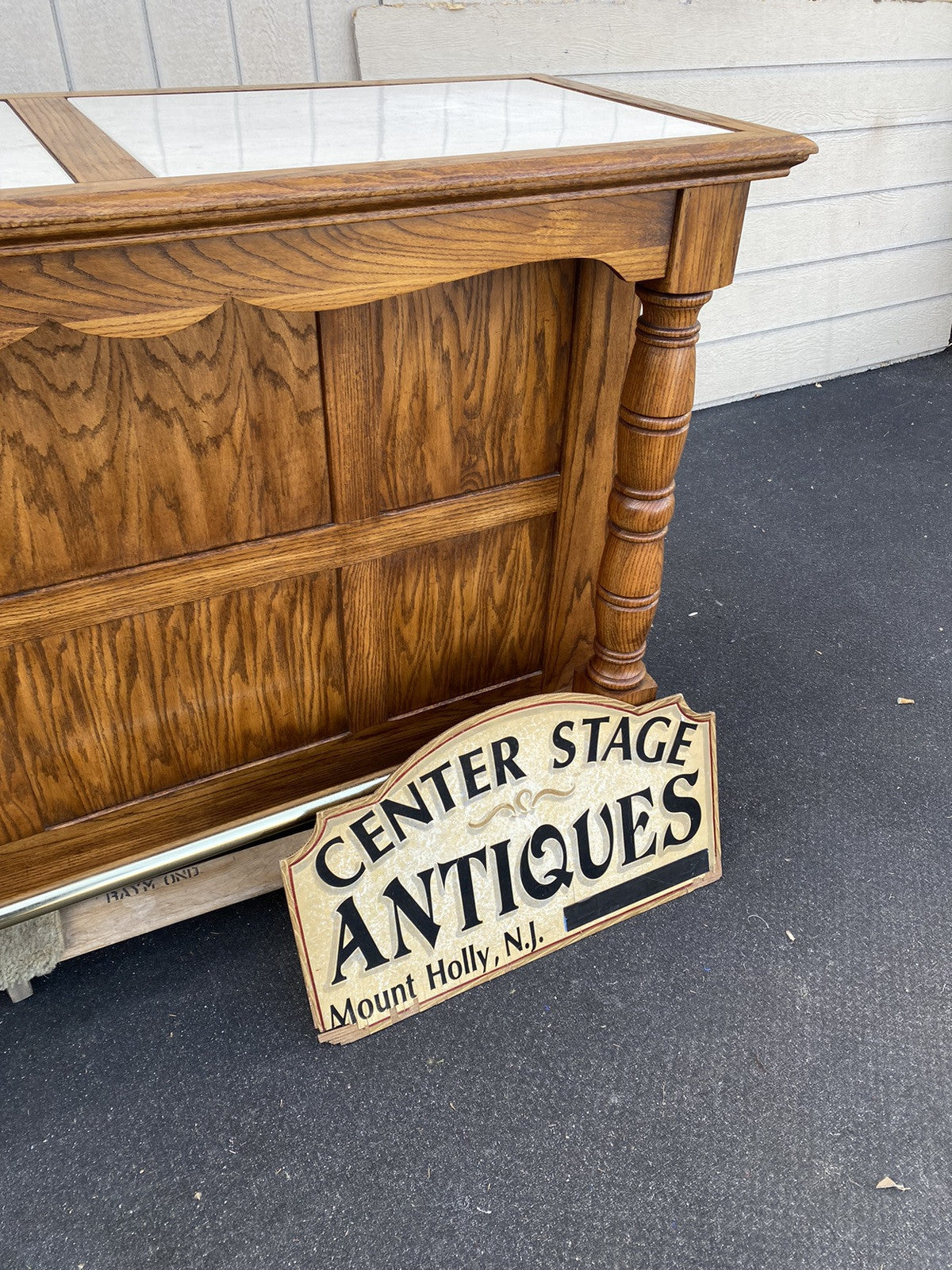 66334  Oak Tile Top Bar Liquor Cabinet with 2 Barstools Swivel  Stool Chair s